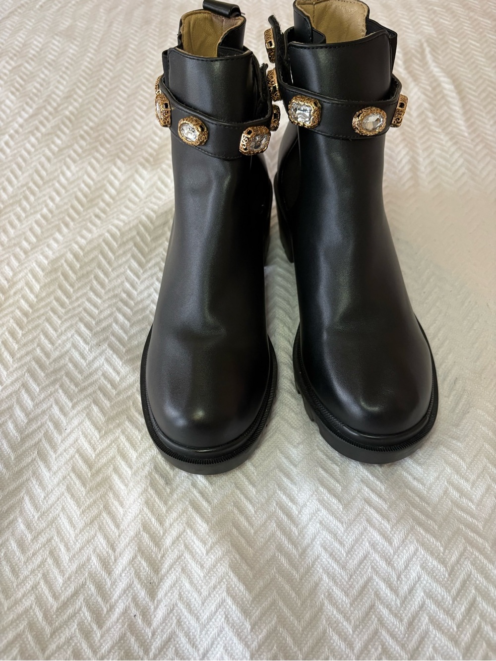 Steve Madden Black Ankle Boots with Gold Jewel Embellishments